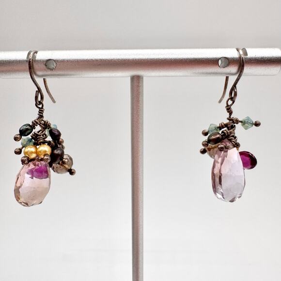 Amethyst Pearl Mixed Gemstone Silver Cha Cha Dangle Earrings Tested Boho Fun - Picture 4 of 10